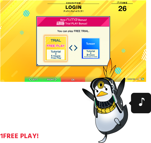If it is your first time to play
                  CHUNITHM with your new Aime,
                  you will be able to enjoy 1FREE PLAY!