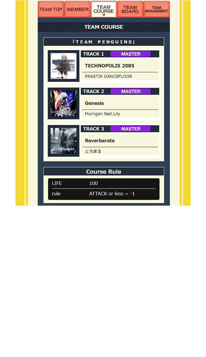 You can create the 「Team Original Course」by discussing with your team members!
                  The team leader can create the Team Course within CHUNITHM-NET.
                  There will be a ranking as well!
                  So you can compete with your team members and see who has better skills!
                  *You can only adjust the Team Course once a month. (From the 1st of every month.)
                  *If no adjustment has been made in the Team Course, the same contents will be carried on to the next month.