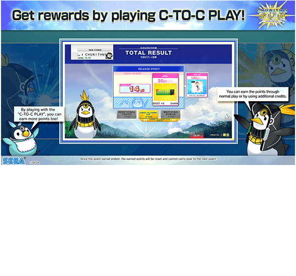 Now, you can get rewards by playing CHUNITHM!
                  Let’s play “C-TO-C PLAY” with your friends and earn
                  more points!
                  *You can earn the points through normal play or by using additional credits.